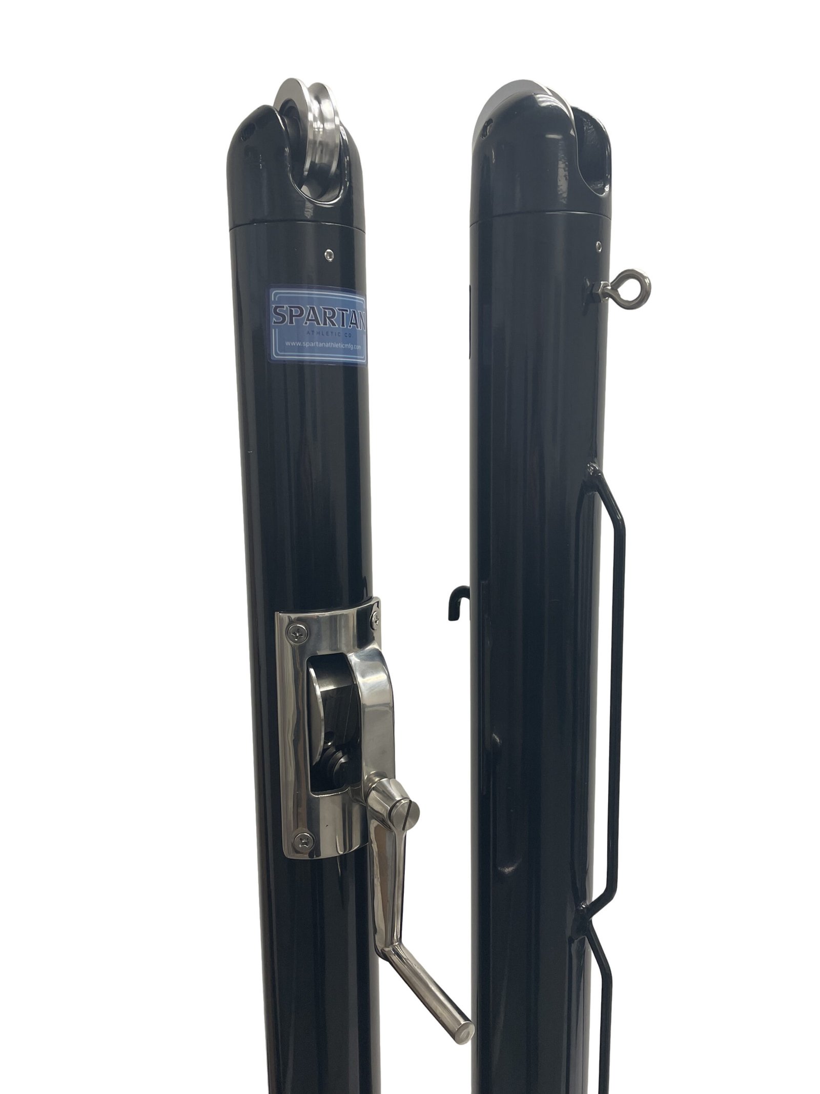 One pair of 3" round black powder coated tennis net posts with a stainless steel internal winder.