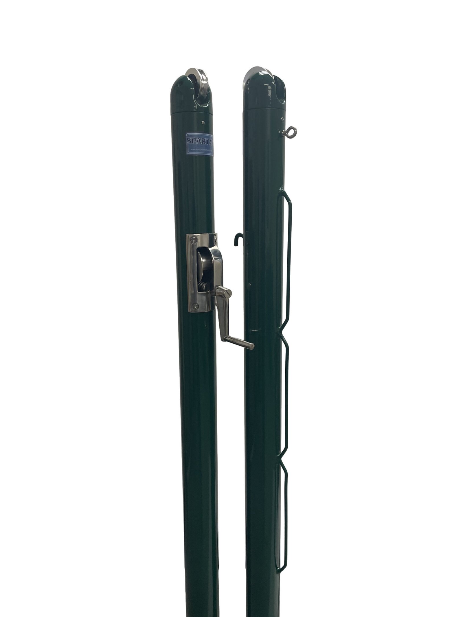 One pair of black 3" round black powder coated tennis net post with a stainless steel winder mechanism, welded lacing rods for easy net attachment and adjustable net post collars for in-ground installation.