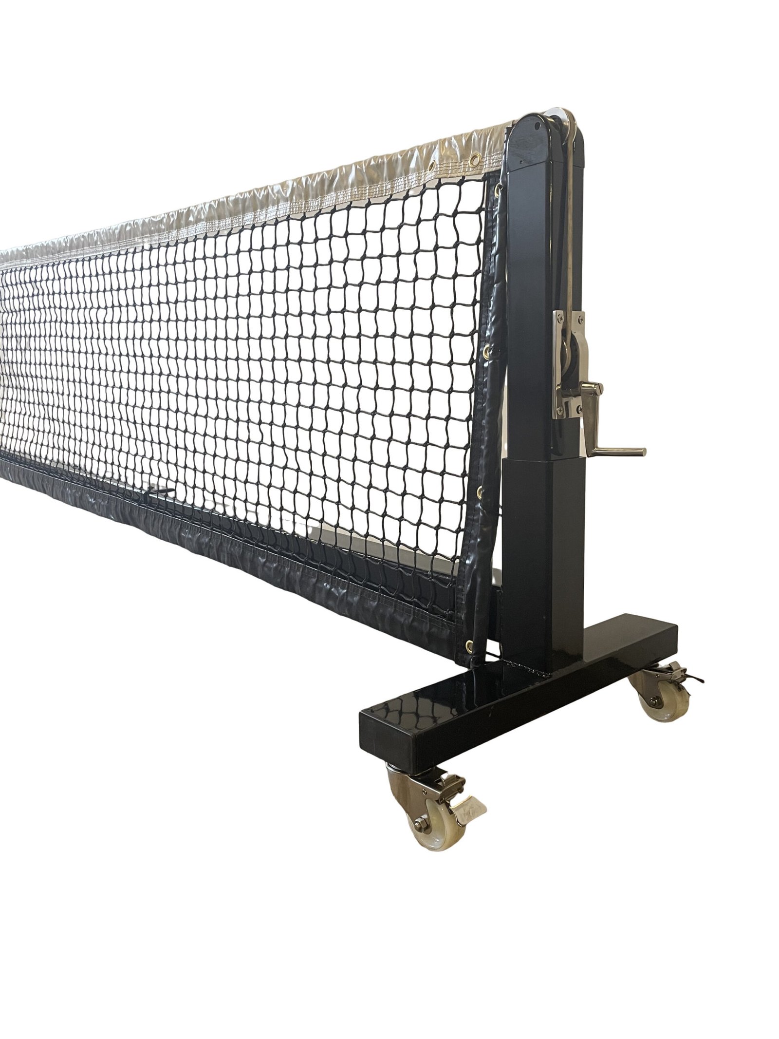 Pro Heavy Duty Portable Pickleball Net | Optional Wheels 1 Wide shot of pro portable pickleball net on wheels positioned on a blue and green court.