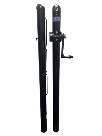 A full length picture of one pair of 54" long black powder coated, 2-7/8" round with external winder tennis net posts.
