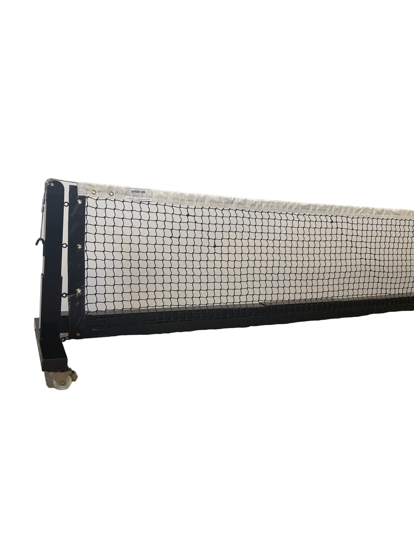 Pro Heavy Duty Portable Pickleball Net | Optional Wheels 11 Full view of portable pickleball net on wheels featuring taut regulation netting and black steel frame.