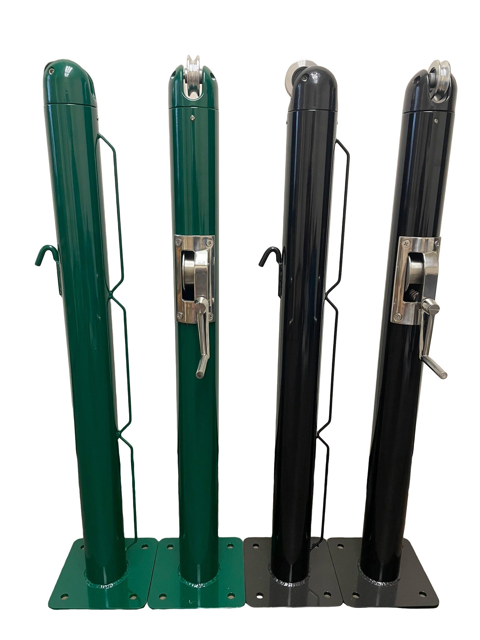 Spartan Titan Pro Surface Mount Pickleball Net Posts - Round - USA Manufactured 4 One pair of black and one pair of green Spartan Titan Pro Round Surface Mount Pickleball Net Posts - close up