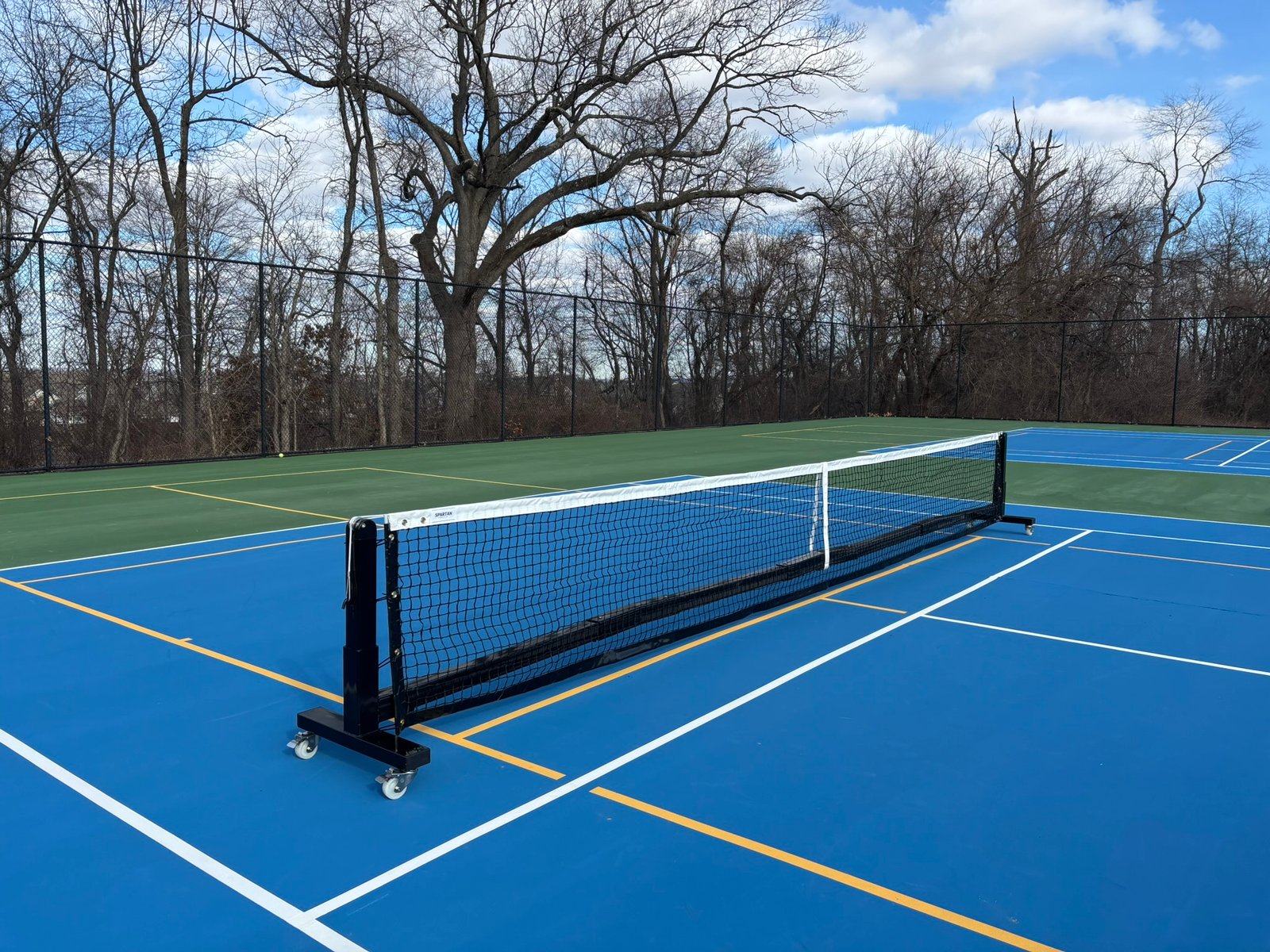 Pro Heavy Duty Portable Pickleball Net | Optional Wheels 9 Wide shot of pro portable pickleball net on wheels positioned on a blue and green court.