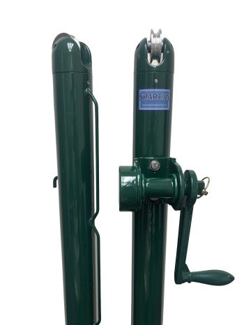 One pair of green external wind 2-7/8" round tennis net post.  The net posts are green powder coated, and feature aluminum net posts caps, a heavy duty external winder, welded lacing rods and adjustable net post collars.