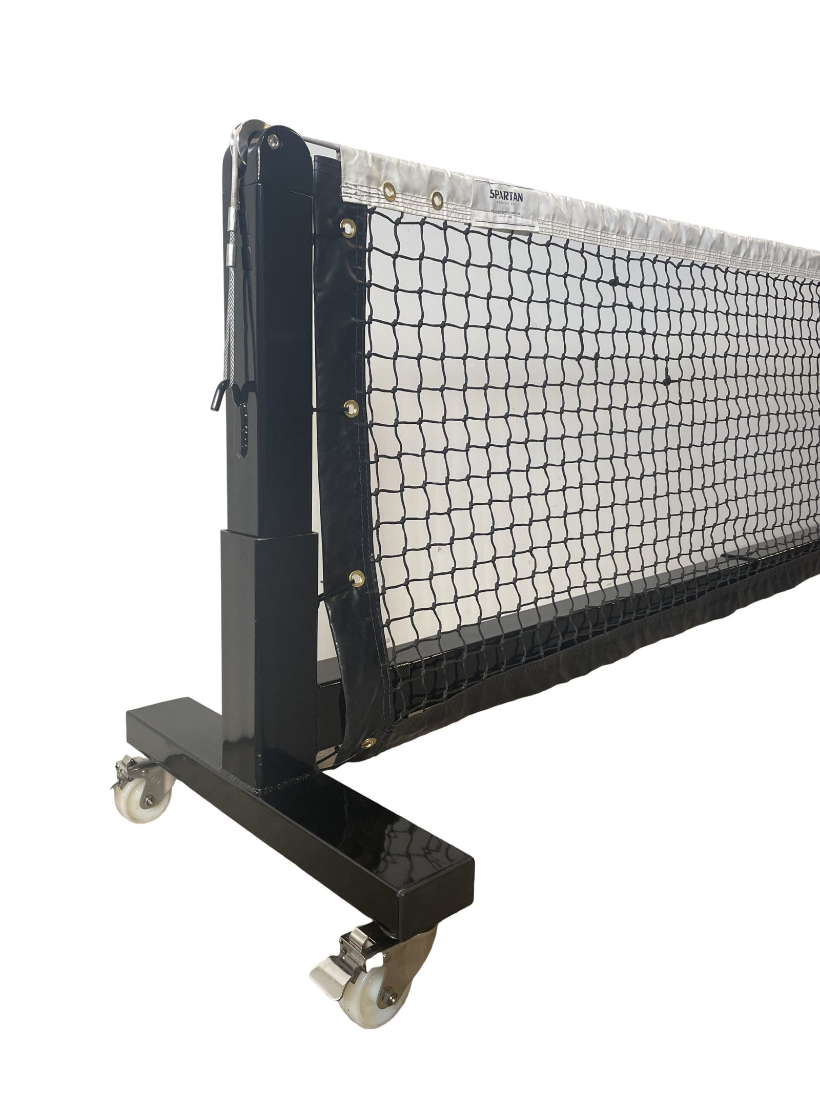 Pro Heavy Duty Portable Pickleball Net | Optional Wheels 10 Detail of heavy duty locking stainless steel caster wheel mounted to black powder coated steel frame.